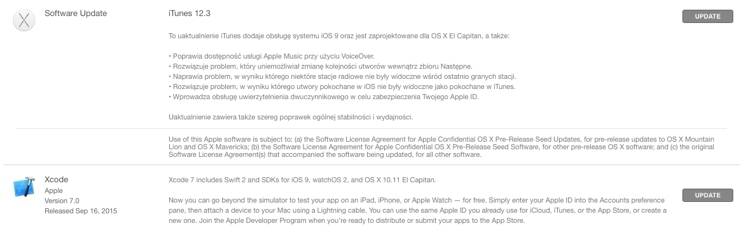 aktualizacja iTunes, Xcode